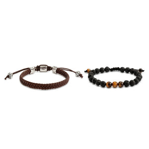 Mens Leather Bracelet Set of 2 - Brown