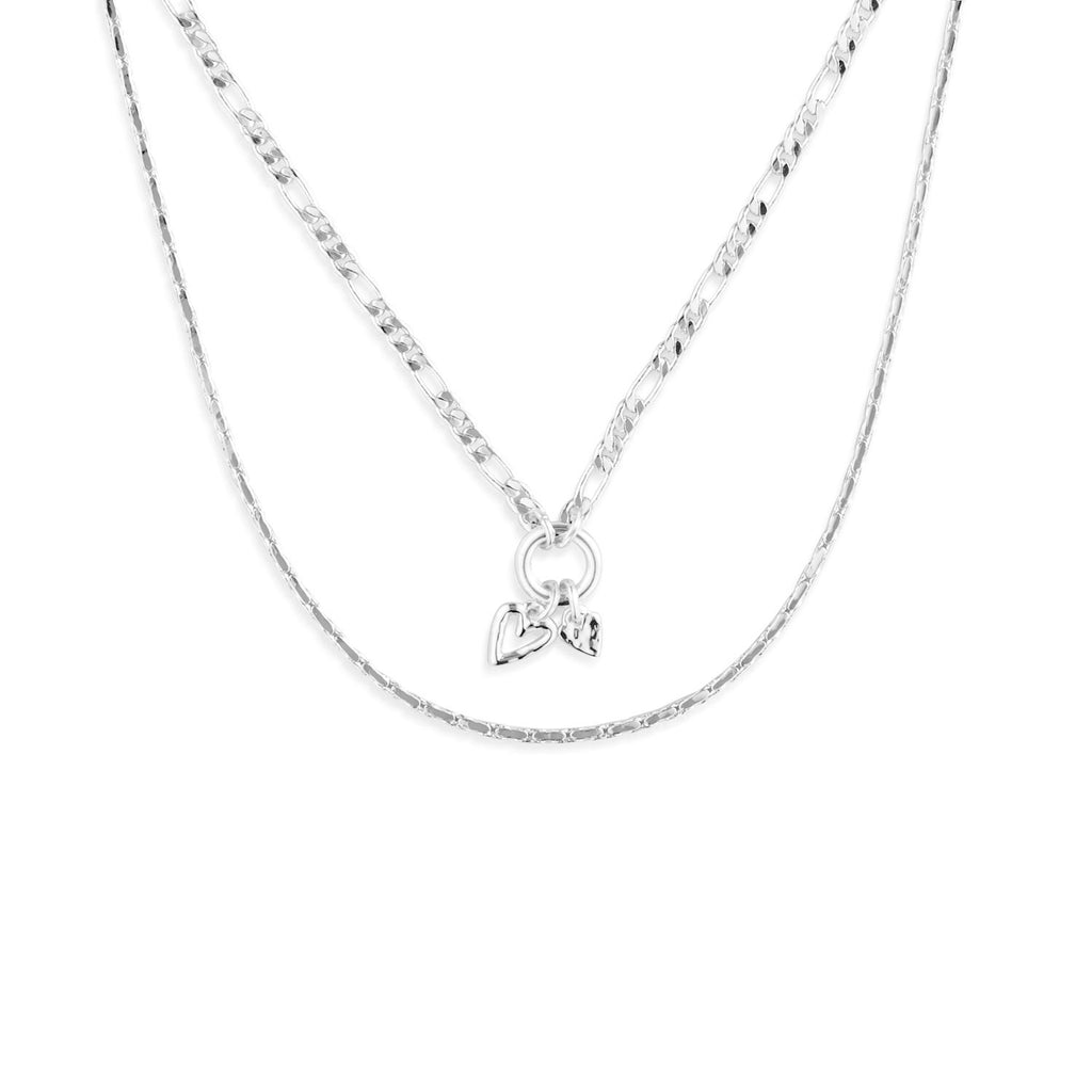 Double Heart Silver Charm Layered Necklace