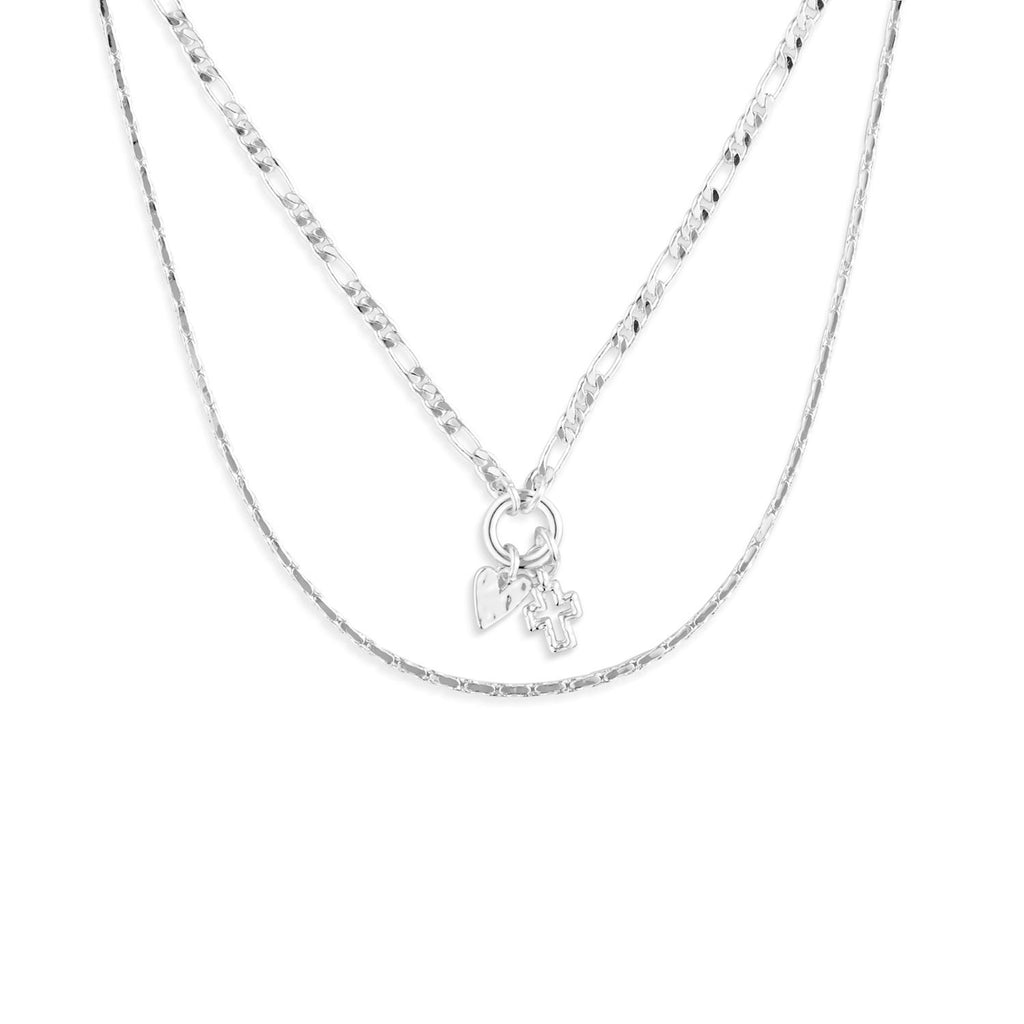 Heart+Cross Silver Charm Layered Necklace