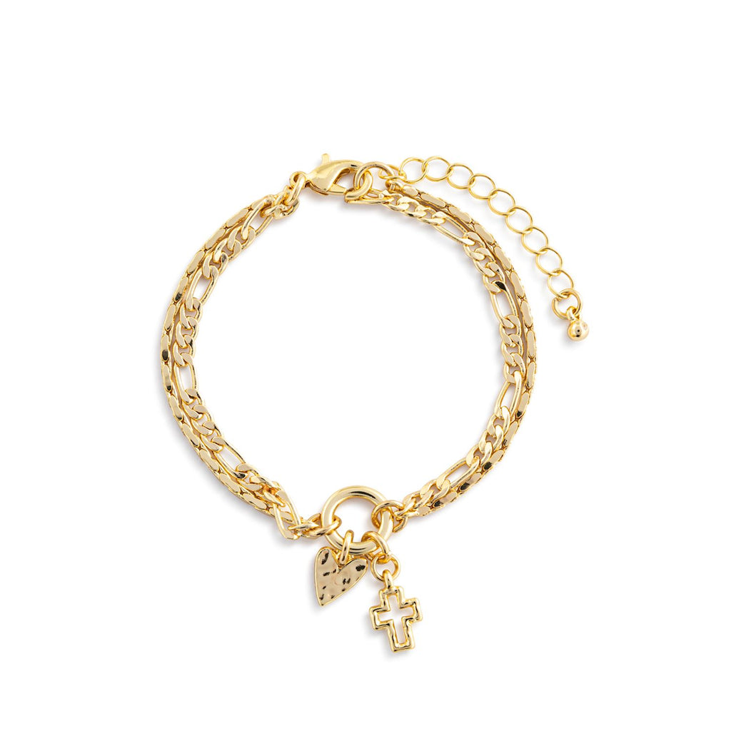 Heart+Cross Gold Charm Layered Bracelet