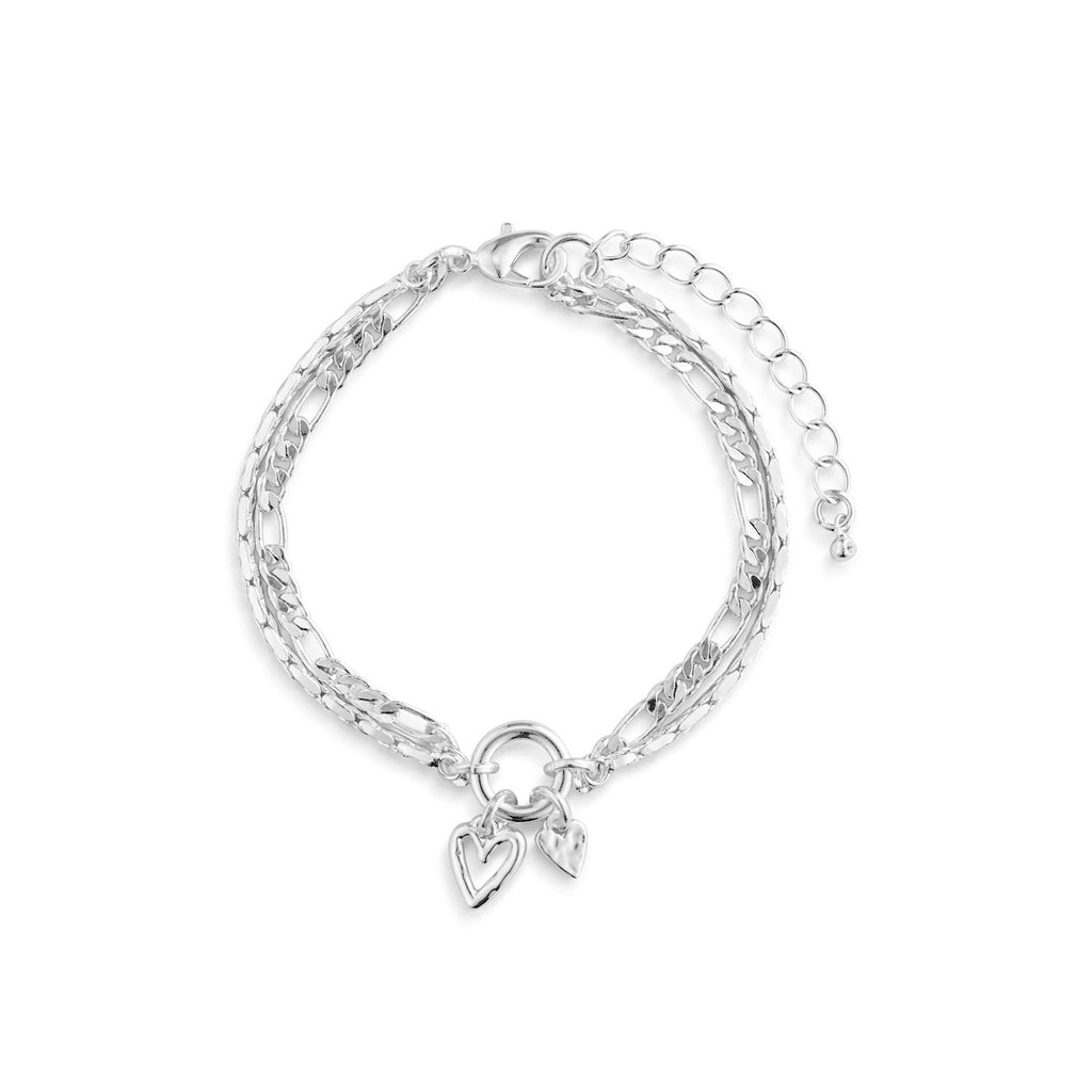 Double Heart Silver Charm Layered Bracelet