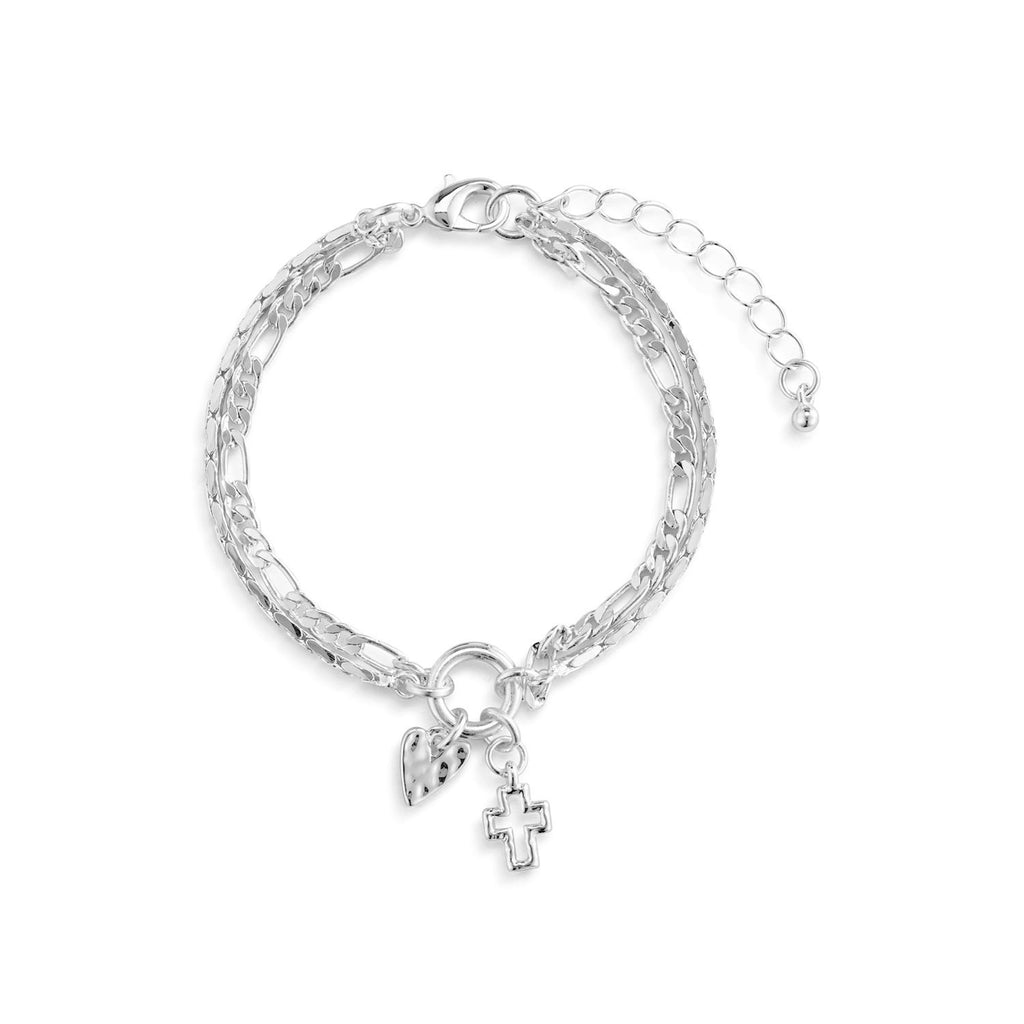 Heart+Cross Silver Charm Layered Bracelet