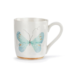 Light Blue Butterfly White Mug with Gold Trim - 14oz