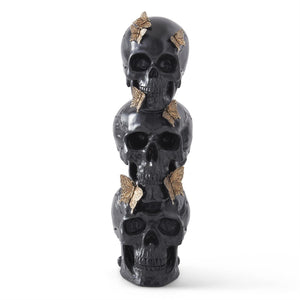 Black Resin 3 Stacked Skulls w/Gold Butterflies-16"