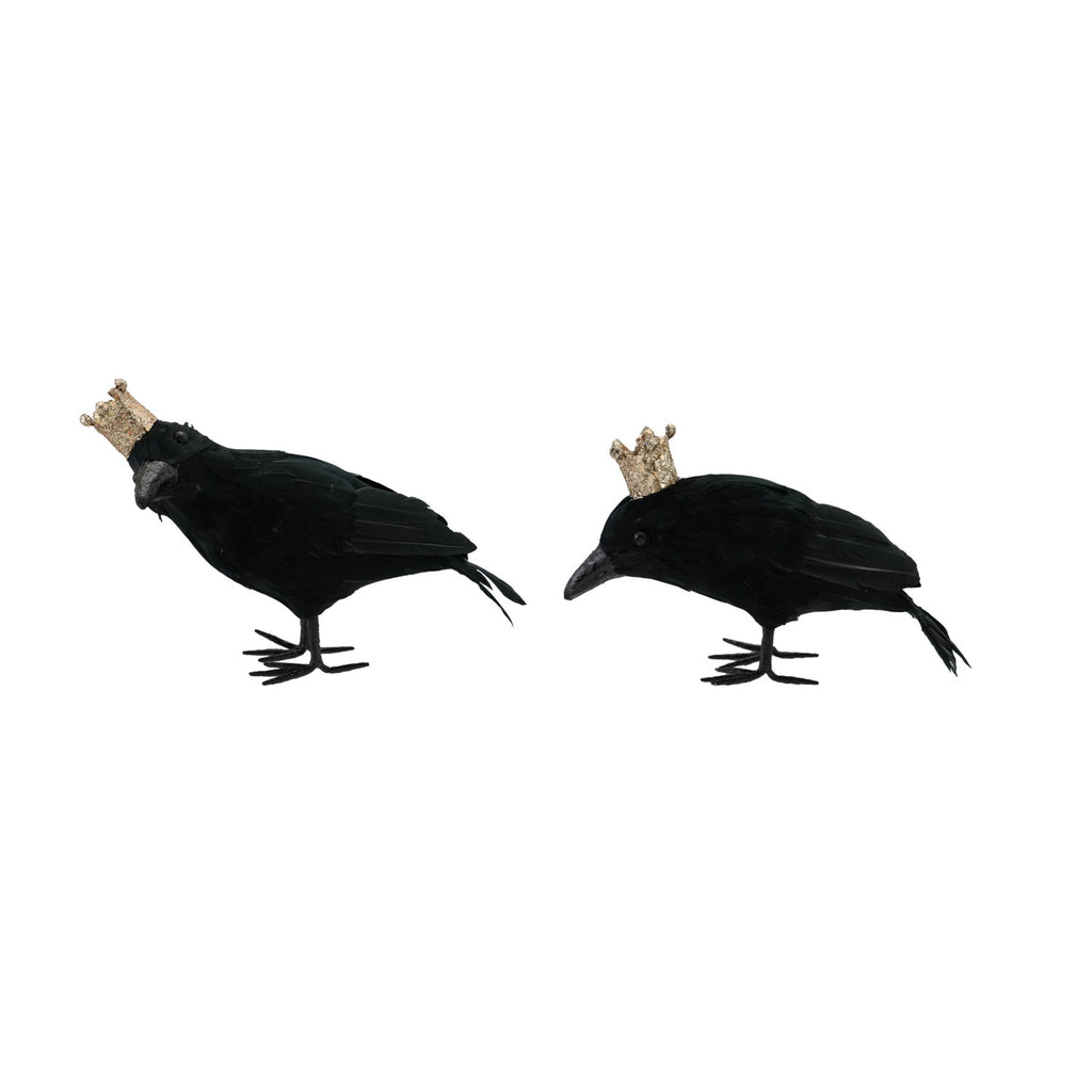 Crow with Feathers & Crown, Black & Gold Glitter Finish, 2 Styles